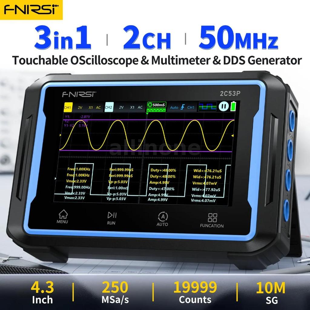 FNIRSI 2C53P หน้าจอสัมผัสแบบพกพา Digital Oscilloscope มัลติมิเตอร์สัญญาณเครื่องกําเนิดไฟฟ้า 3in1 2 ช