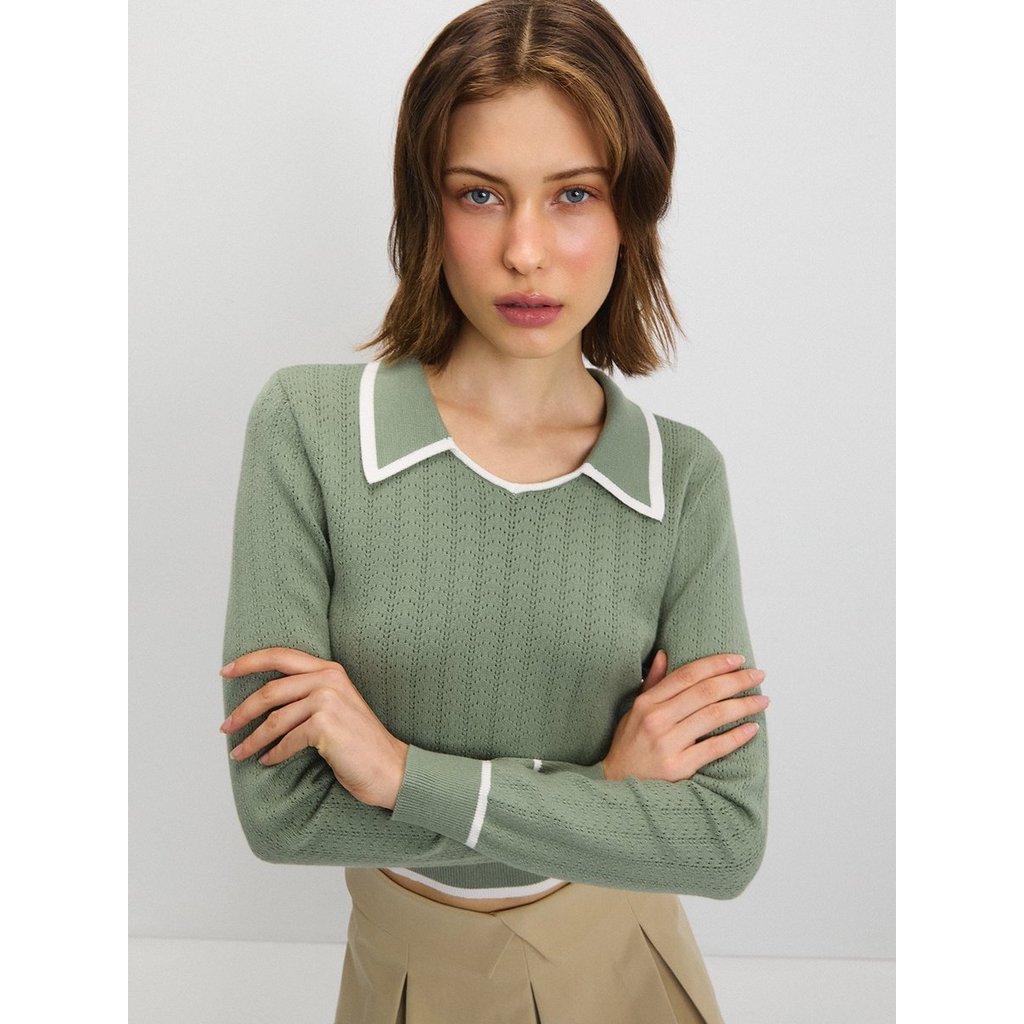 [Pomelo] เสื้อไหมพรมแต่งขอบสีตัดกัน / Contrast Trim Knit Top