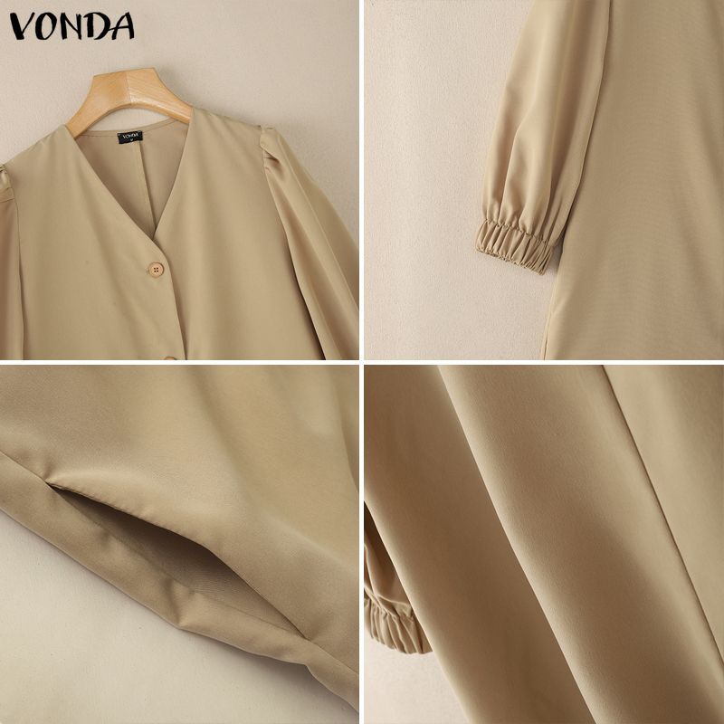 Vonda بلوزة نسائية كورية سادة بياقة V نصف كم — صورة 7