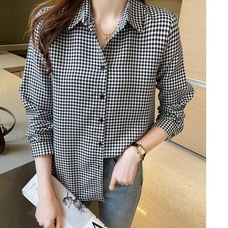 Red Berryเสื้อเชิ้ตแขนยาวลายตารางสีดำและสีขาวสำหรับผู้หญิง ทรงหลวมๆ เหมาะสำหรับใส่ไปทำงานW689