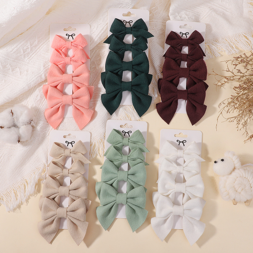 4 ชิ้นสีทึบ Bowknot กิ๊บติดผมสําหรับสาวน่ารักผ้าฝ้าย Bows Hairpins หวาน Headwear เด็กอุปกรณ์เสริมผมของขวัญ