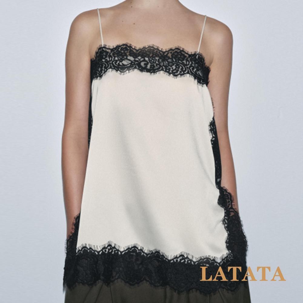 Lata - Camisole แขนกุดลูกไม้สีดำ ทรงเพรียว.Trim Scalloped Edge ชิ้นเดียวที่จำเป็นสำหรับฤดูร้อน!
