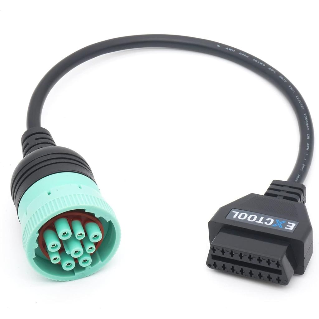 9 Pin J1939 to 16 Pin OBD2 Adapter Cable for Heavy Duty Trucks and Commercial Vehicles with Green Ty