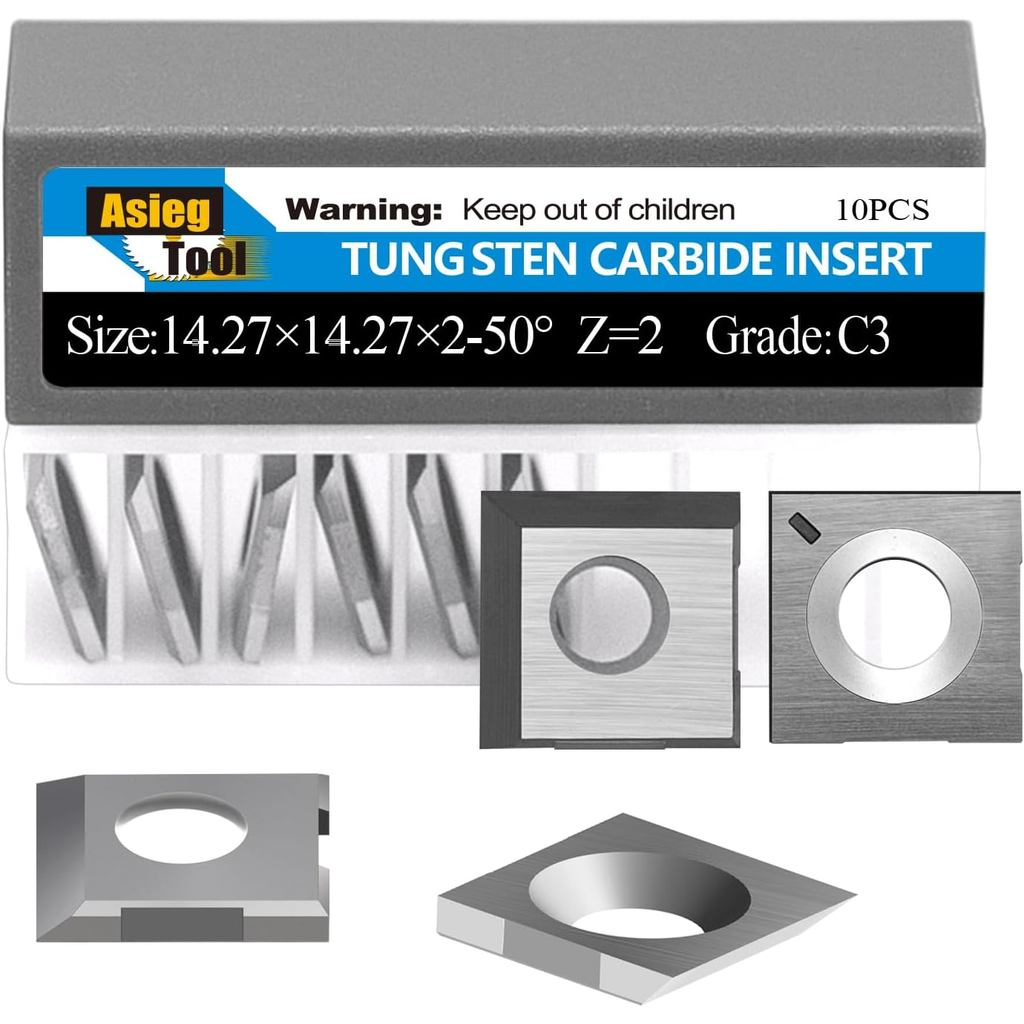 Asieg Tool 14.27x14.27x2.0mm-50° Carbide Inserts Cutters Knives Replacement Spiral Planer Blades for