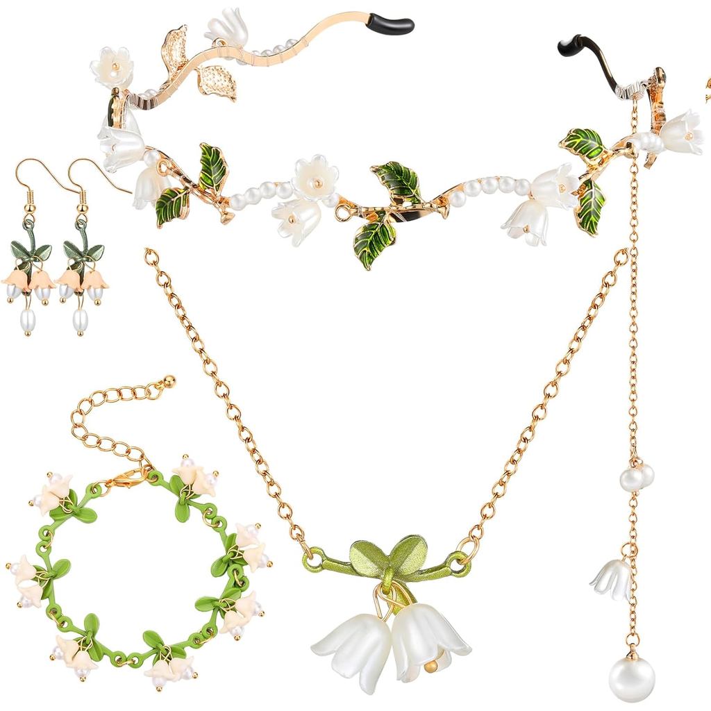 Tondiamo 4 Pcs Lily of The Valley Fairy Jewelry Set Christmas Jewelry Gift Christmas Fairy Costume H