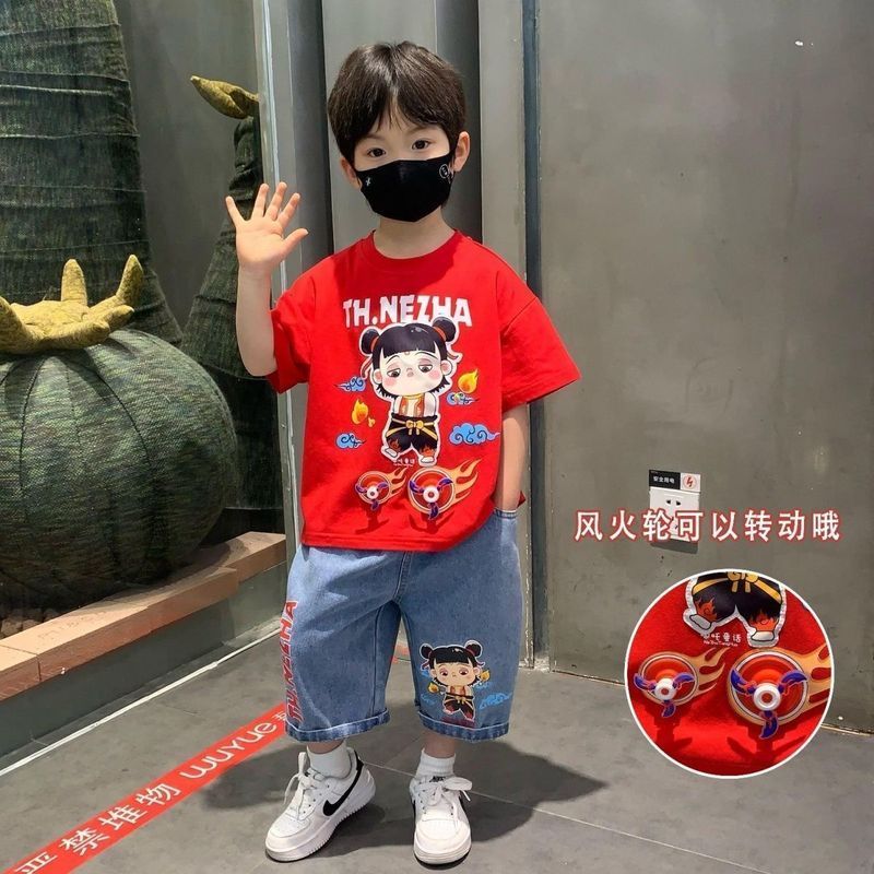 Nezha ชุด Nezha เสื้อผ้า Nezha ชุดเด็กชายฤดูร้อน 2025 การ์ตูนเสื้อผ้าเด็กฤดูร้อนเสื้อผ้าสบายๆเด็กกาง