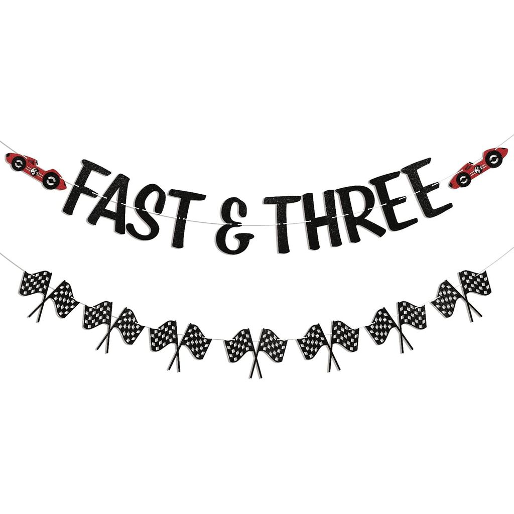 Fast & Three Banner - Fast Three Birthday Decoration Boys 3rd Bday, Race Car Themed 3rd Birthday Par