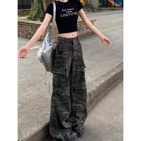 กางเกงยีนส์ขายาว jinn jeans กางเกงทำงานลายพรางผู้หญิงเอวสูงแบบใหม่ฤดูร้อนปี2025กางเกงยีนส์ขากว้างแนว