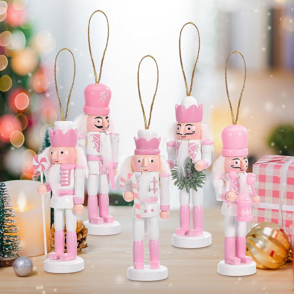 IMIKEYA Christmas Nutcracker Figure: 5PCS Pink Wooden Nutcracker Hanging Christmas Nutcracker Orname
