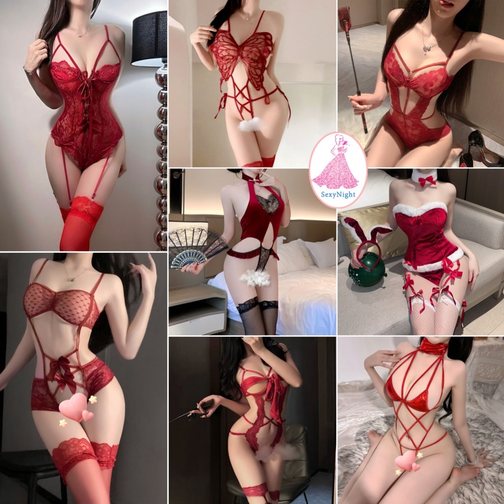 SexyNight🌙🌙เซ็กซี่ สายเอี๊ยม บอดี้สูท สีแดง onesies มีเอกลักษณ์ ออกแบบ การตกแต่งผีเสื้อ อ่อนโยนและอ่อนหวาน
