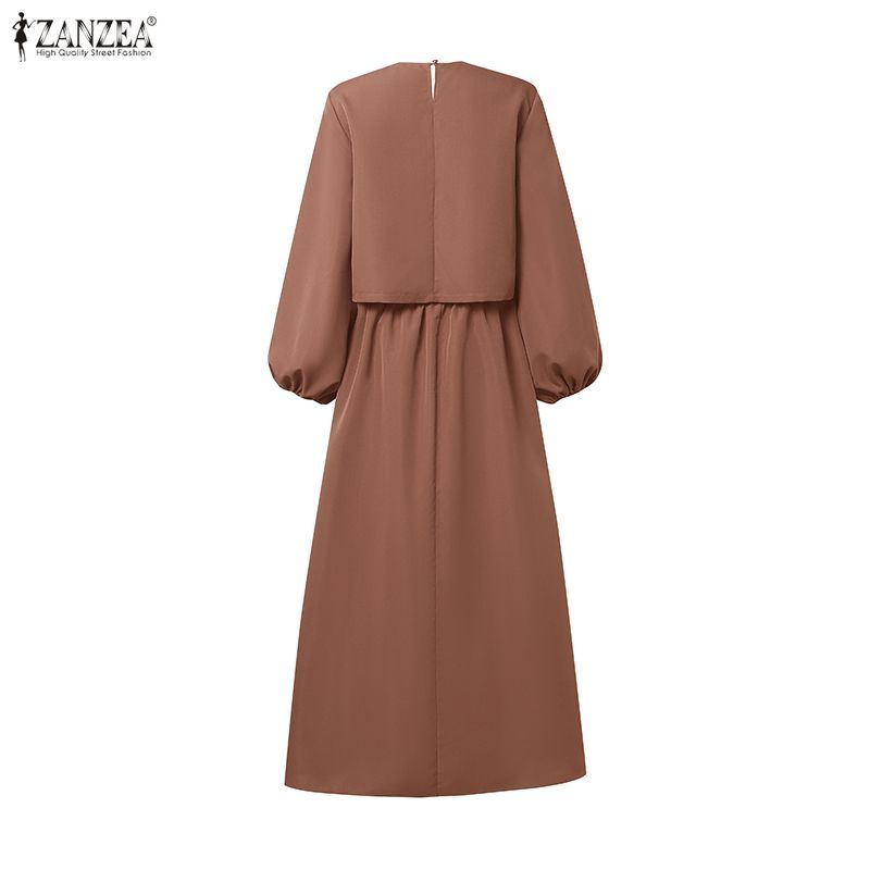 ZANZEA สตรีมุสลิมหรูหราลูกเรือคอโคมไฟแขนตัดเอวสูง A-Line ชุดสองชิ้น - รูปที่ 6