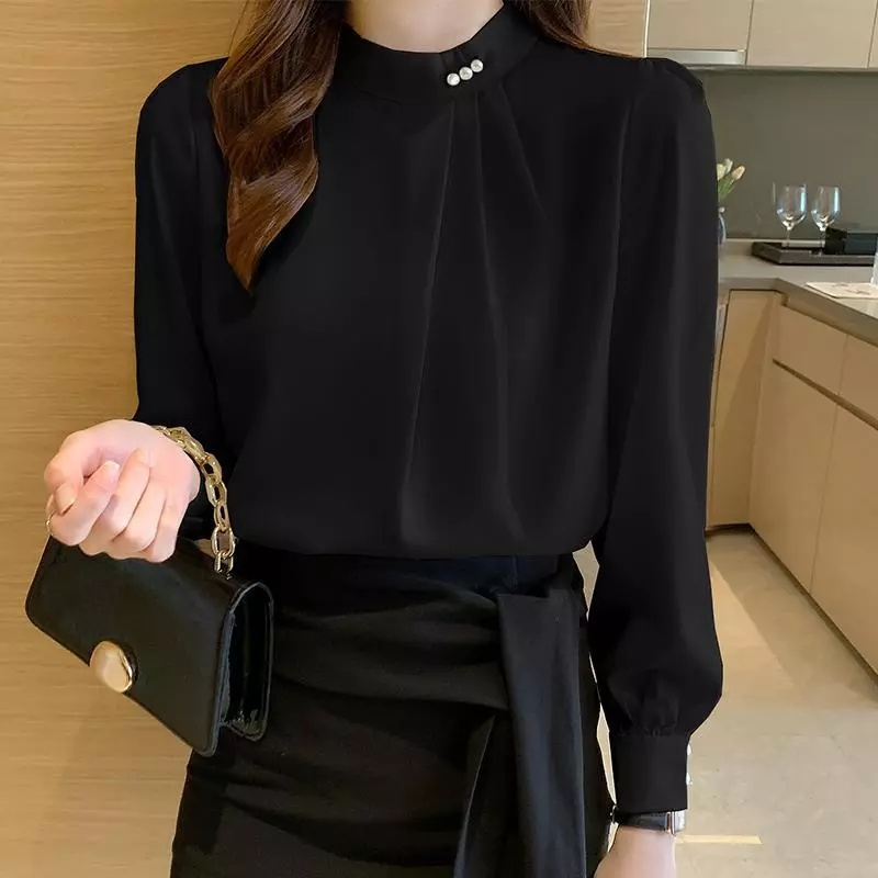 Red Berryเสื้อเชิ้ตแขนยาวผ้าชีฟองสีดำสำหรับฤดูใบไม้ผลิและฤดูใบไม้ร่วง เสื้อชั้นในผู้หญิง 99295