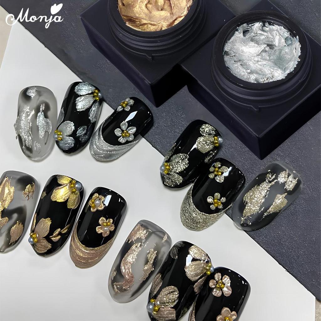 Monja 5ml เล็บ UV Gel ขัด Gilding 3D 5D นูน Metallic Gold Silver Shine ภาพวาดปูนปลาสเตอร์เจลไม่เช็ด