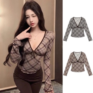 เสื้อแขนยาว ทรงคอวี มีไซส์ S-5XL ลวดลายสก๊อต แต่งโบว์กลางอก …