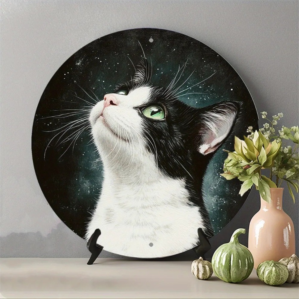 HELLOYOUNG 2D Vintage สีดําสีขาวแมวโลหะ Wall Art ป้ายสําหรับบ้านสวนฮาโลวีนคริสต์มาสของขวัญ