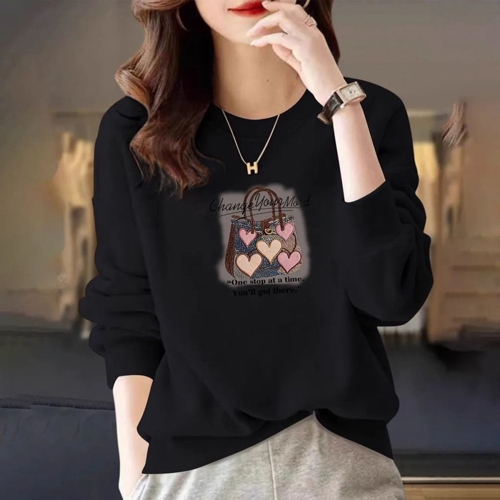 เสื้อสเวตเตอร์คอกลมแขนยาวสำหรับผู้หญิง ทำจากผ้าฝ้ายแท้ พิมพ์ลายแบบลำลอง เหมาะสำหรับฤดูใบไม้ร่วง