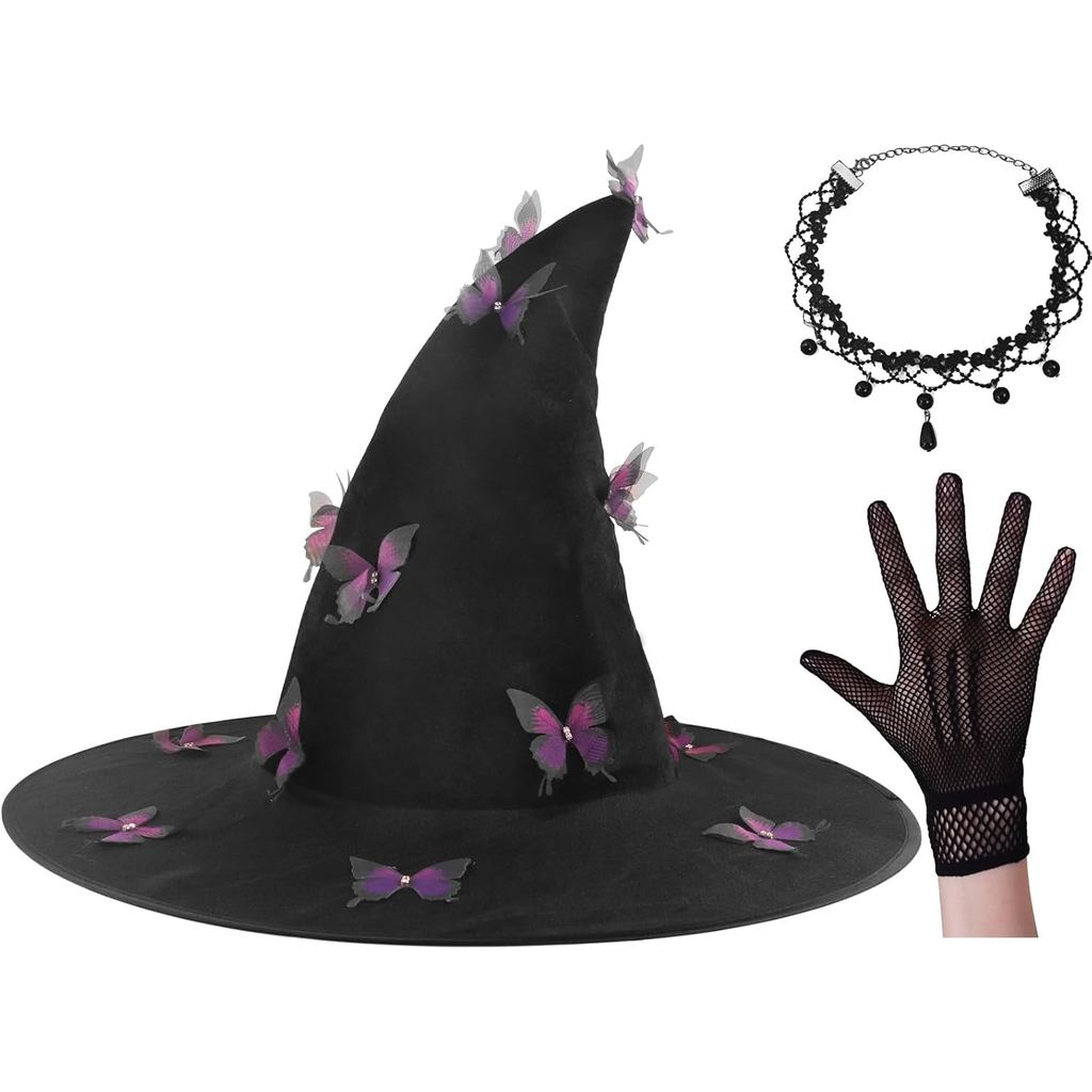 Erythem Witch Hat for Women, Witches Hat with Butterfly Witch Costume Accessories for Adult Hallowee