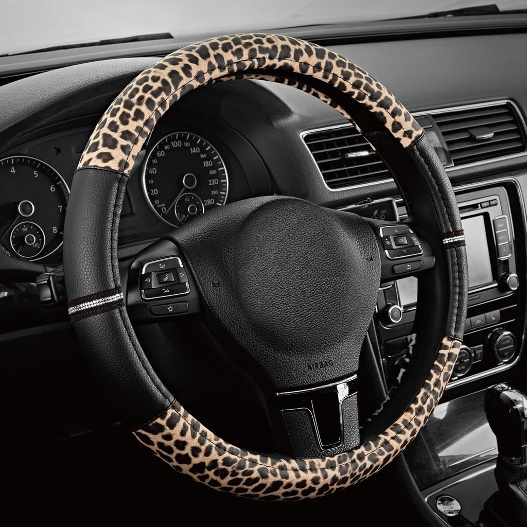 Road Comforts Leopard Steering Wheel Cover - Made with PVC Leather Cheetah Print - Anti-Slip, Univer
