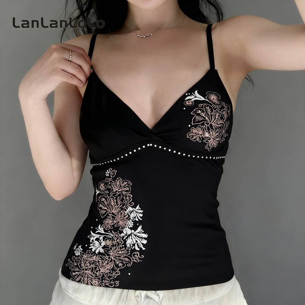 LanLanLoLo ผู้หญิง 2025 พิมพ์ V คอสลิงเสื้อกล้ามแขนกุดแฟชั่นใหม่ทุกวัน Backlsess Y2k