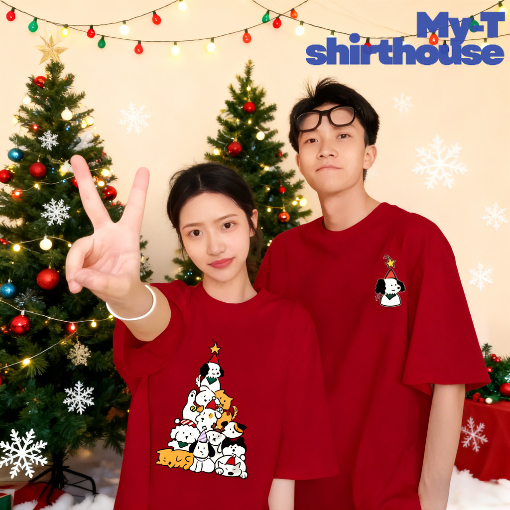 【My-T】🎅🎄🤶เสื้อคู่Christmas พิมพ์ลาย“DOG Santa tree”ผ้าcottonโคตรนุ่มเสื้อคู่ หญิง ชาย【COD】