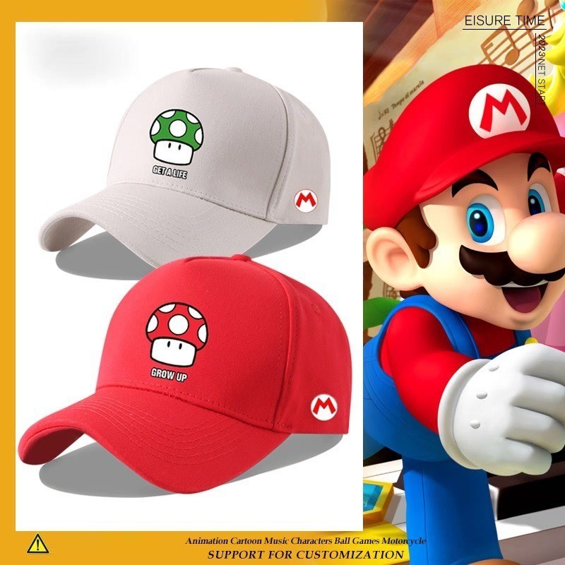 หมวกเบสบอล Super Mario Classic Retro สีแดงและเขียวเห็ดมาริโอการ์ตูนเบสบอลสำหรับผู้ชายและผู้หญิง