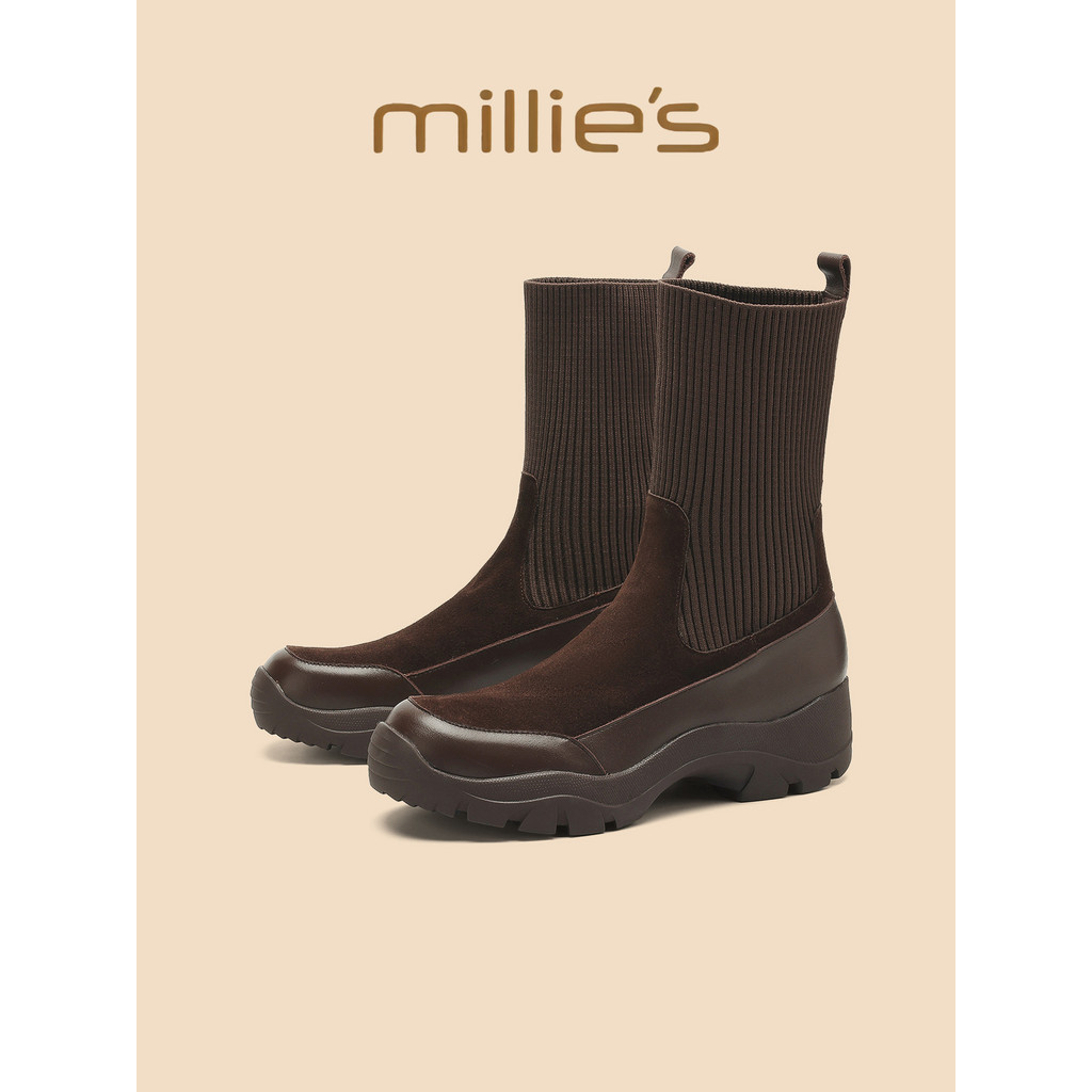 Millies Miaoli รองเท้าเชลซี ส้นเตี้ยส้นหนา Retro Cowhide Square Toe สไตล์ใหม่ปี 2025