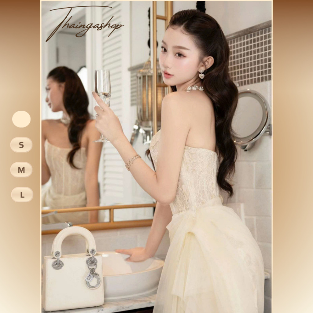 Nari เดรสปาร์ตี้ลูกไม้ผ่าตาข่ายครีมสุดหรู ไซส์ SML D1426