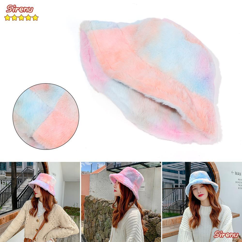 SIREUZV Tie-Dye Bucket Hats Soft Girls Women Faux Fur Cap