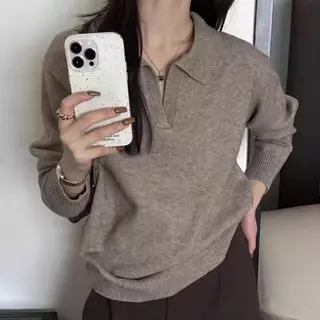 Red Berryเสื้อถักคอโปโลแขนยาวสำหรับผู้หญิง สวมใส่แบบลำลอง อเนกประสงค์ และมีสไตล์88046