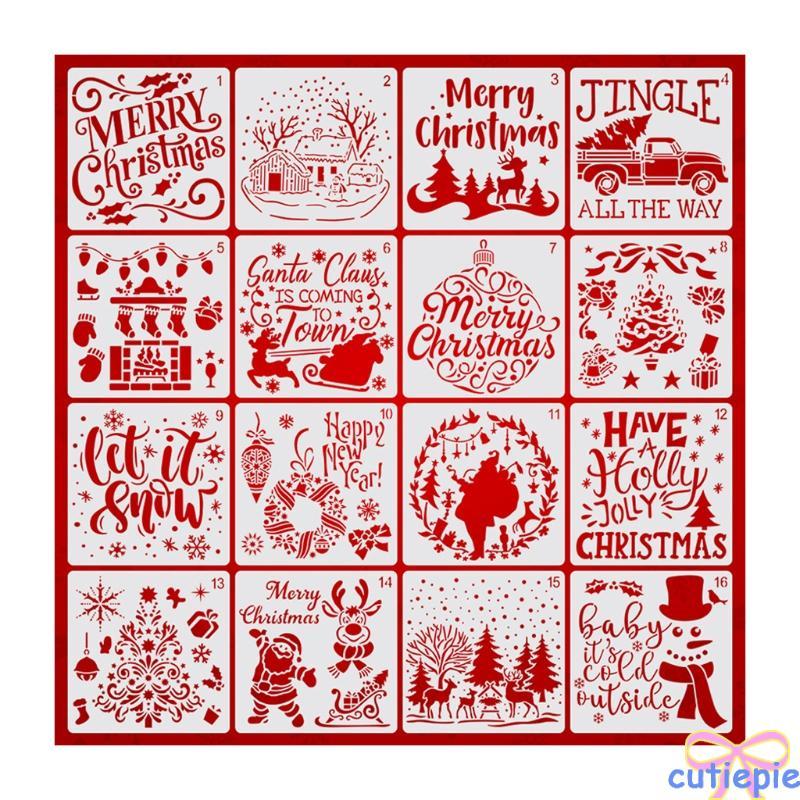 Cutie Pack of 16 Christmas Drawing Template Stencils นํากลับมาใช้ใหม่ได้สําหรับกระจกติดผนัง