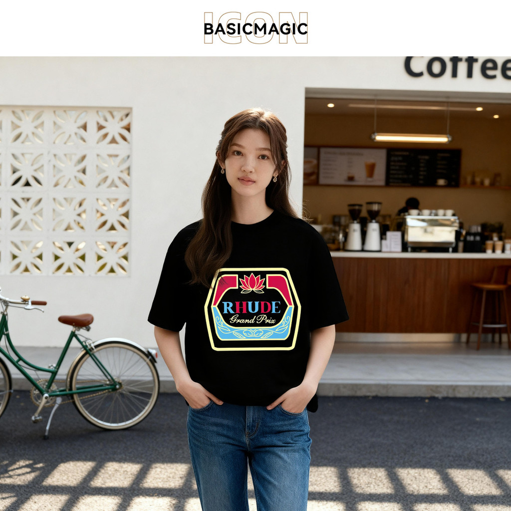Rhude Grand Prix เสื้อยืดสีดำ สไตล์แฟชั่นเทรนดี้ 0343