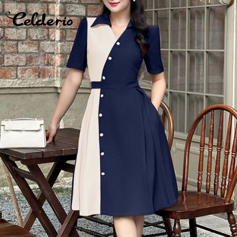 Celderio ชุดกระโปรงสไตล์เกาหลี V-neck raglan sleeve A-line skirt ความยาวถึงเข่า สีสันสวยงาม