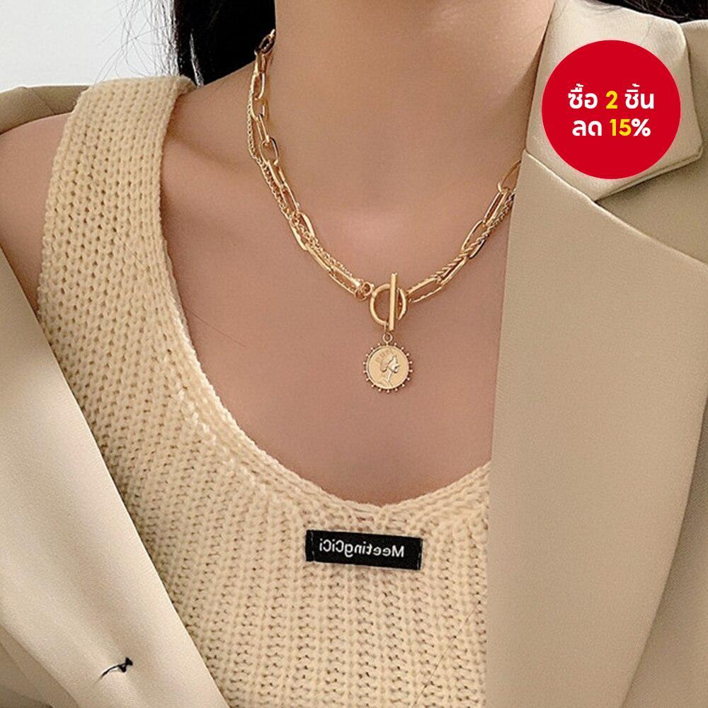 สร้อยคอโซ่โลหะ แบบหนา จี้เหรียญแกะสลัก สไตล์เกาหลี เรโทร แฟชั่นสําหรับผู้หญิง