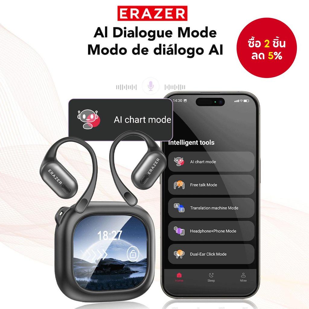 ERAZER XF38 หูฟัง AI Translator เอียร์บัดชุดหูฟังหน้าจอสัมผัส 134 การแปลภาษาหูฟังแบบเปิดหูกันน้ําพร้