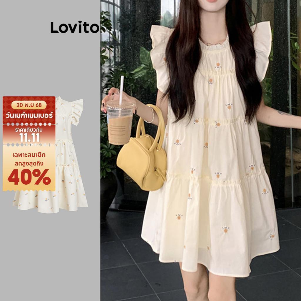 Lovito ชุดเดรสเดรปชั้นผูกโบว์ลายดอกไม้ลําลองสําหรับผู้หญิง L177AD880