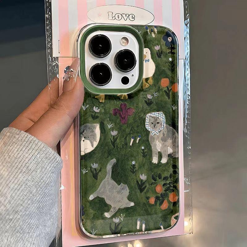 Ins ดอกไม้สีเขียวแมวนุ่มโปร่งใสกรณี Attern Anti-Fall เคสโทรศัพท์สําหรับ iPhone 16 Promax 15 Promax 12 13 Mini 14plus 11 Pro Max X XS XR XS Max 7 8 plus Se2020 6G 6Plus