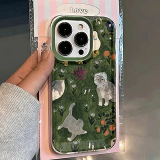 Ins ดอกไม้สีเขียวแมวนุ่มโปร่งใสกรณี Attern Anti-Fall เคสโทรศัพท์สําหรับ iPhone 16 Promax 15 Promax 12 13 Mini 14plus 11 Pro Max X XS XR XS Max 7 8 plus Se2020 6G 6Plus