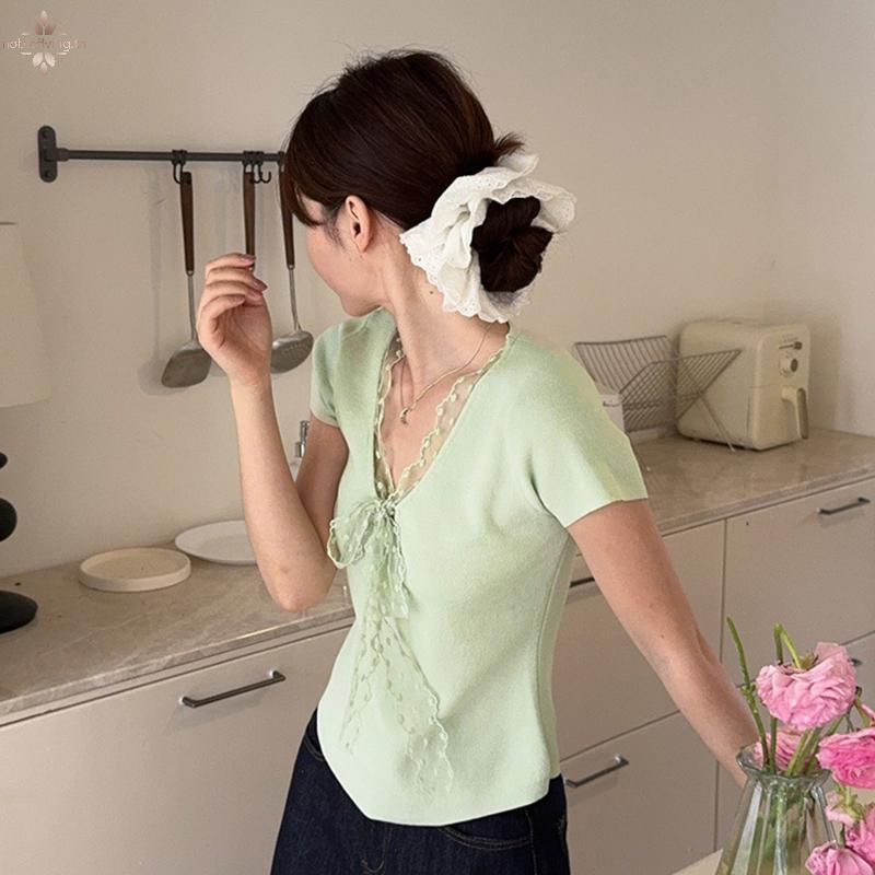 Nf Lace Spliced Ropa Mujer ผ้าพันคอโบว์เสื้อผ้าผู้หญิงถักเสื้อผ้าแขนสั้น V คอ T เสื้อ nobleflying