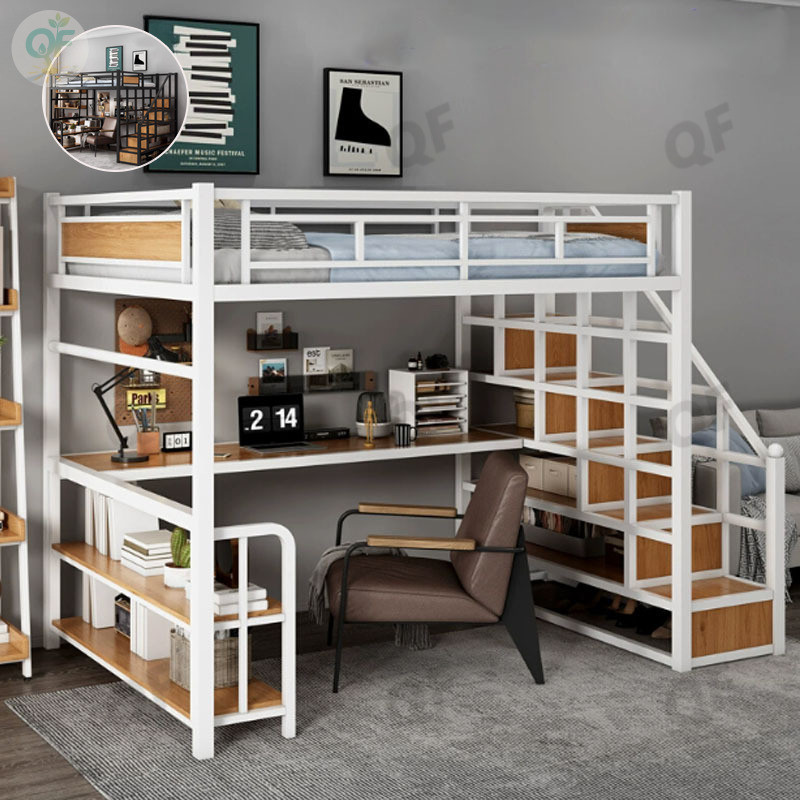 เตียง 2 ชั้น กรอบเตียง Loft Bed เหล็กแผ่นเตียงยกชั้นบนประหยัดพื้นที่สไตล์ Loft บันไดขั้นตอนบ้าน