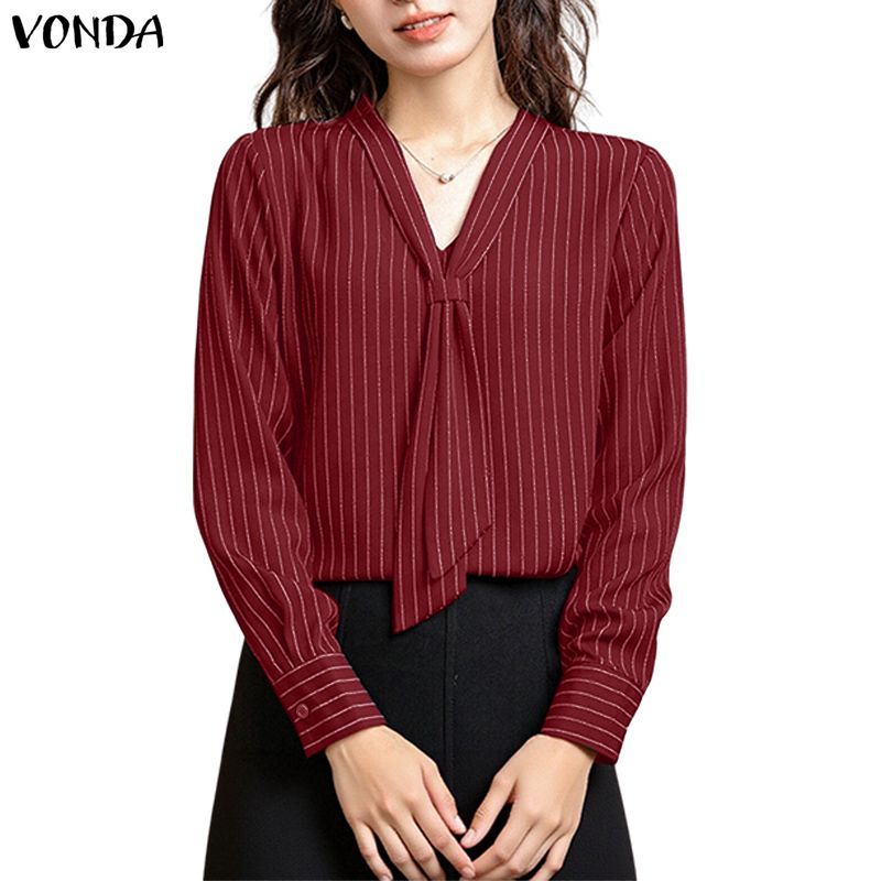 Vonda เสื้อเชิ๊ตสำนักงานสไตล์เกาหลี ดีไซน์ทอร์เนคและลายทาง เหมาะสำหรับการทำงานอย่างมีความสง่า