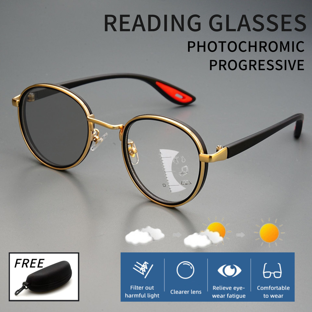 แว่นสายตาปรับโฟกัสได้ Photochromic Anti-Blue Light สำหรับการใช้งานในทุกสภาพแสง สไตล์แฟชันโลหะ TR90 SPG1025