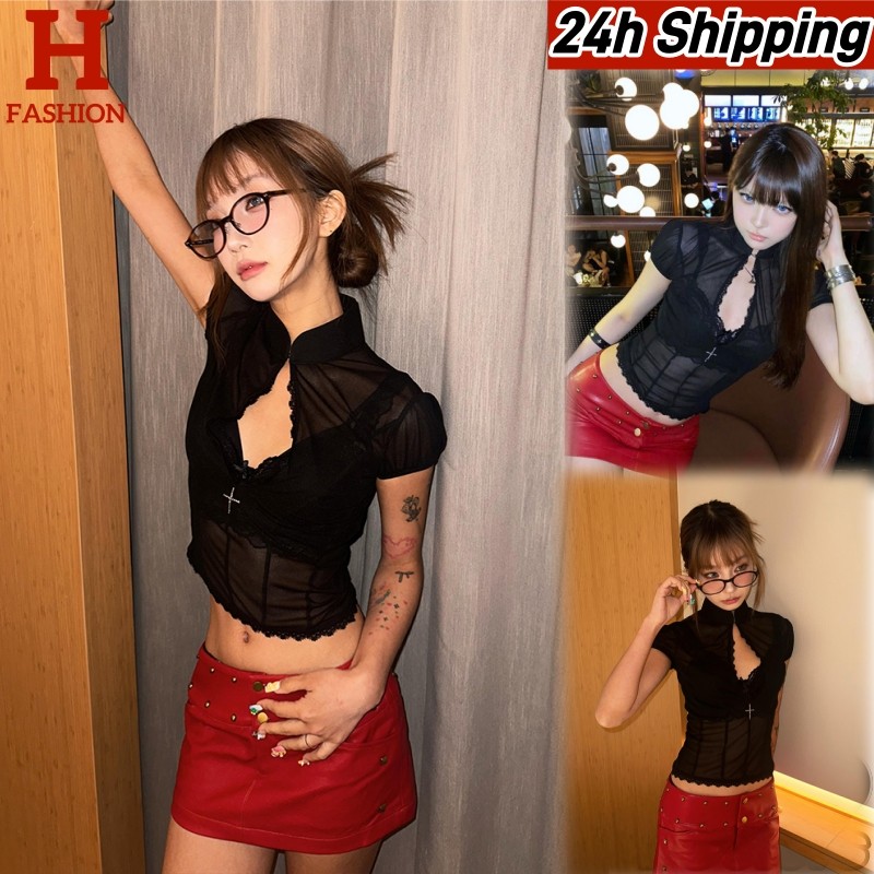 HOT 'พร้อมส่ง' FY5072 เสื้อยืดครอปแขนสั้น ดีเทลเว้าหลังอยู่ ผ้าซีทรู เหมาะกับสาวเซ็กซี่