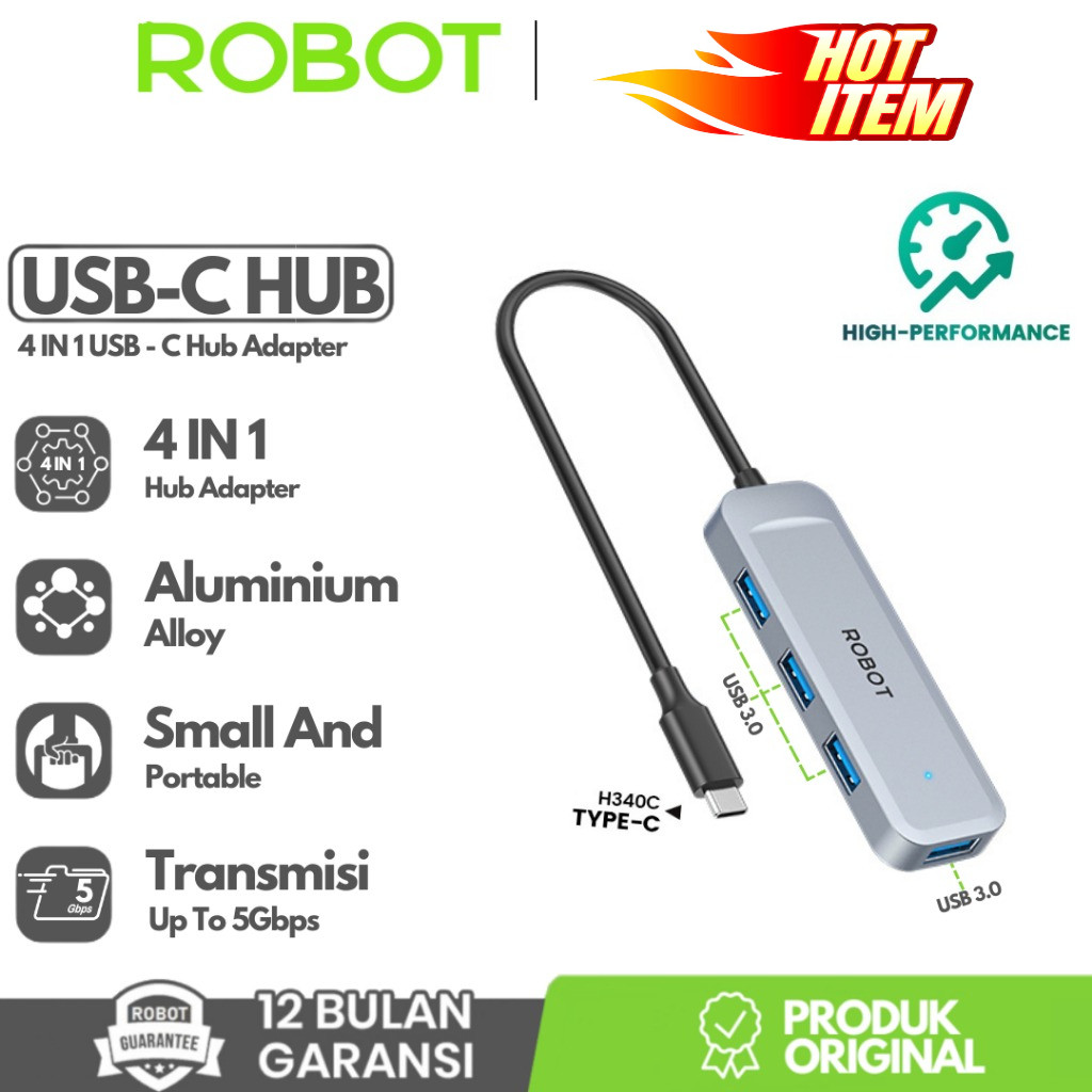 I* ROBOT H340C USB C HUB 4 PORT USB 3.0 5Gbps TypeC ความเร็วสูงประสิทธิภาพสูงอย่างเป็นทางการรับประกั