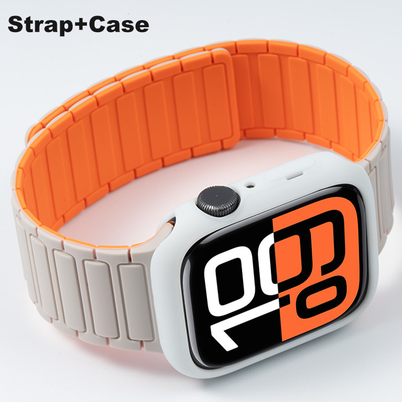 สายซิลิโคนแม่เหล็ก + เคส เข้ากันได้กับ Apple Watch Series 3/2/49/46/45/41/44/42/40/11/10/9/8/7/6/5/4