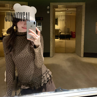 เสื้อยืดแขนยาวคอกลมลายจุด สไตล์วัยเรียนยุค Y2K