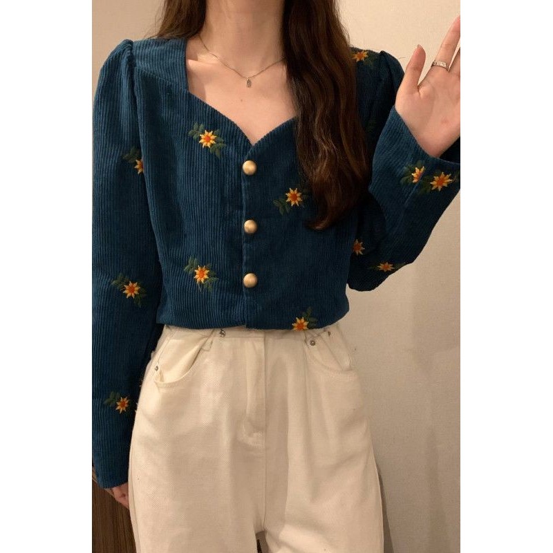 สาวอ้วนขนาดใหญ่Retroสั้นCorduroyพัฟSleeve D Old Retroสั้นCordlessชุดCrushion TopTX120102