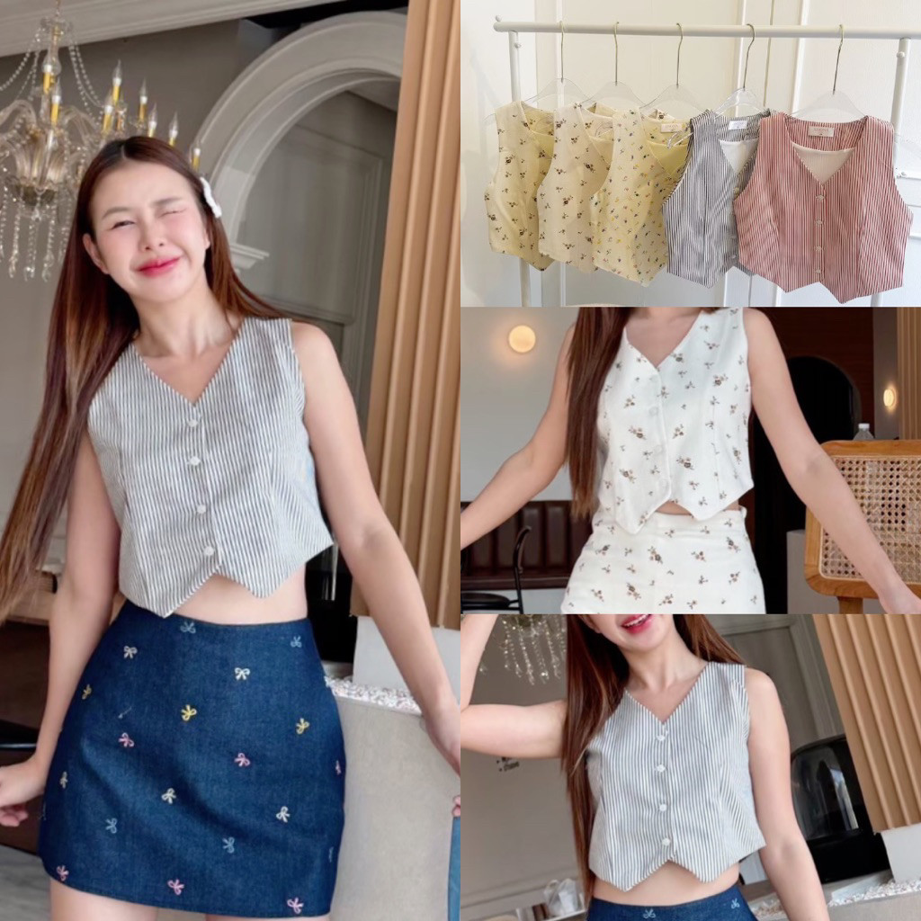 Bugaan gak เสื้อครอปกั๊กผ้ายีนส์พิมลาย มีซับใน พร้อมส่ง