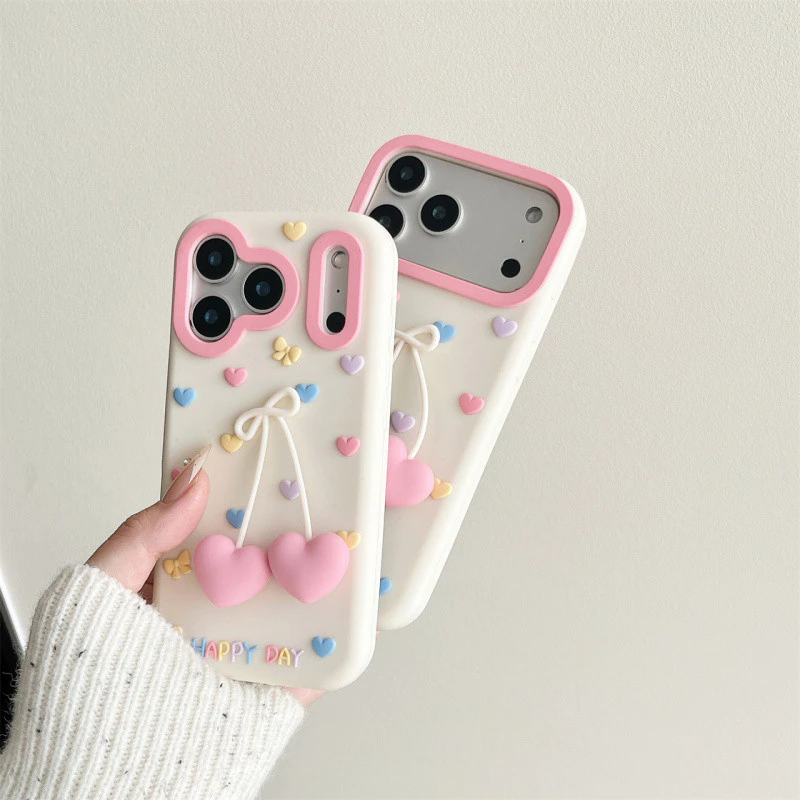 3D จี้รูปหัวใจซิลิโคนเคสโทรศัพท์สําหรับ iPhone 13 14 15 16 17 Pro Max ปลอกซิลิโคนอ่อนนุ่มฝาครอบป้องกันสําหรับ iPhone16Promax กรณี
