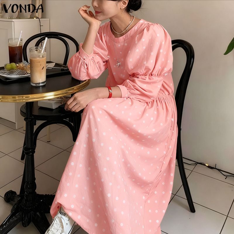 VONDA ชุดเดรสคอกลมแขนพัฟลายจุดสไตล์เกาหลีสําหรับผู้หญิง — صورة 4