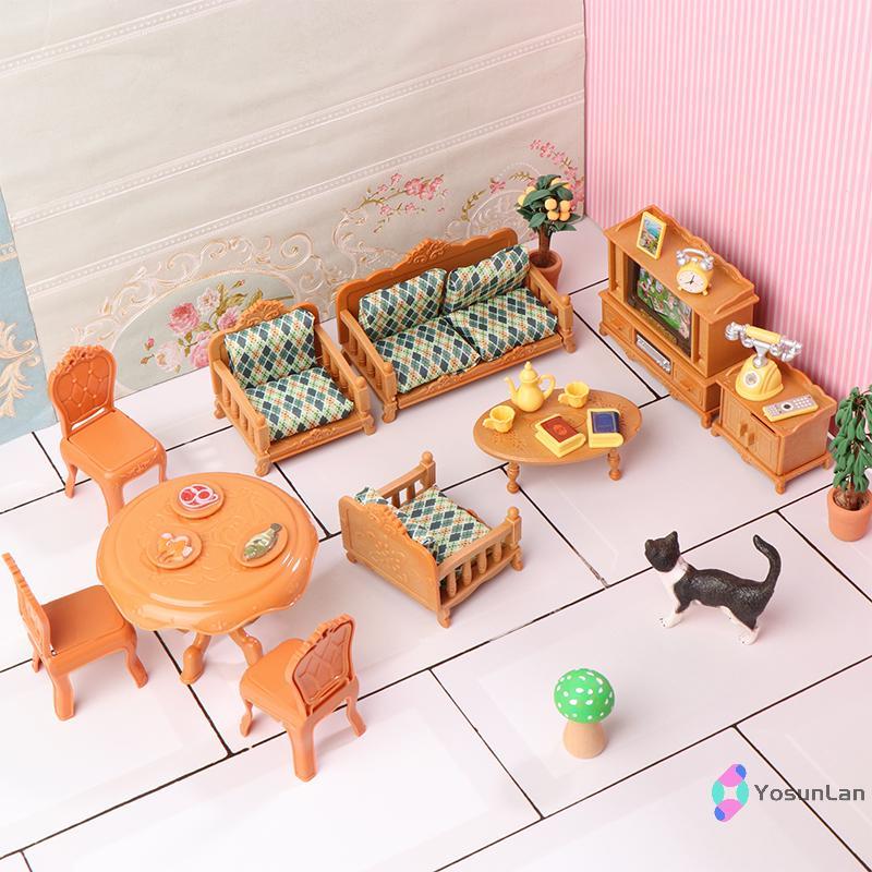 YosunLan] 1:12 Dollhouse Miniature โต๊ะรับประทานอาหารเก้าอี้โซฟาโต๊ะน้ําชาชุดตู้ทีวีตุ๊กตาตกแต่งเฟอร์นิเจอร์ Micro ฉาก Prop ใหม่